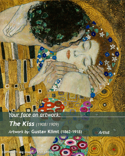 Your portrait on<br>Kiss painting<br>artwork by Gustav Klimt