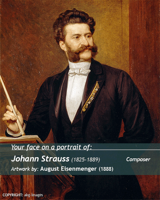Your portrait on<br>Johann Strauss painting<br>artwork by August Eisenmenger (1888)